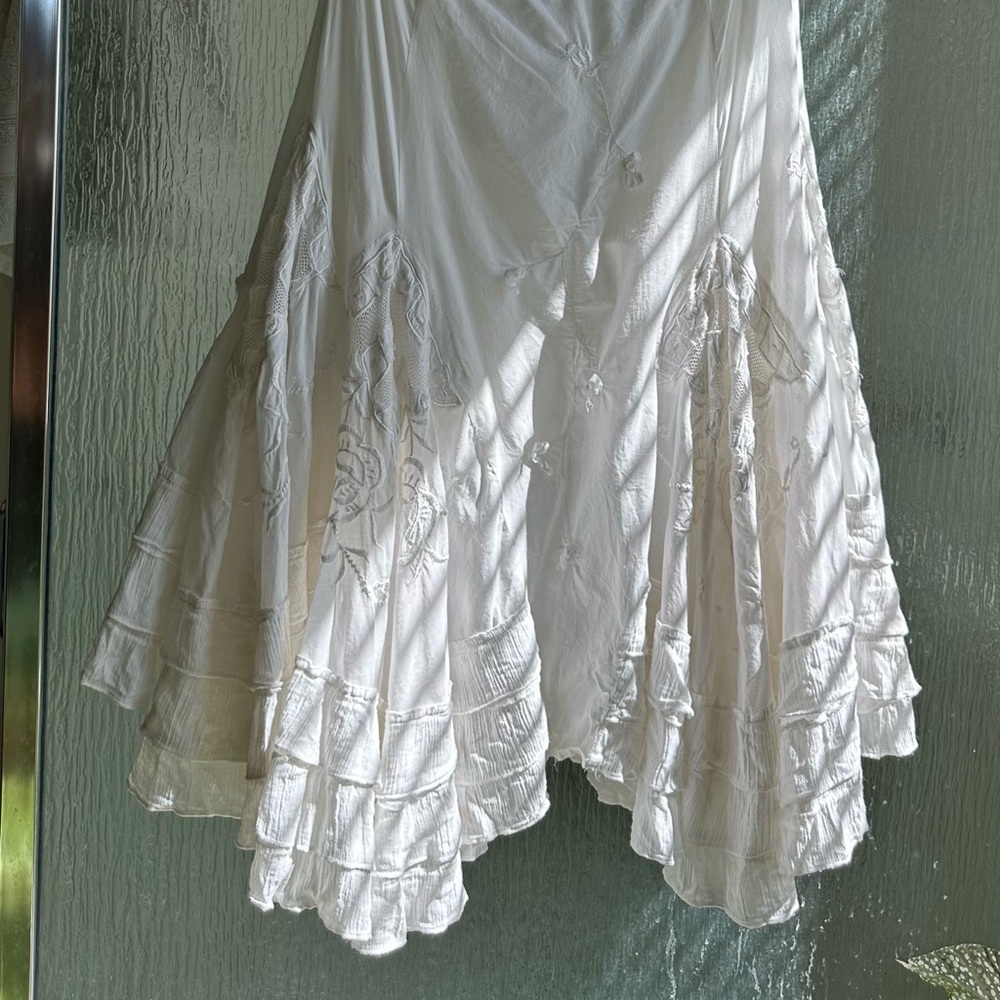 VINTAGE 90S DREAMY WHITE COTTON KNEE LENGTH SKIRT A-Line Tiered~38, US Medium - Picture 6 of 11